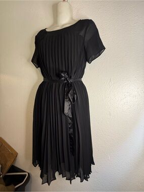 DKNY Black Pleated Midi Dress with Satin Waist Tie
